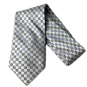 Calvin Klein Necktie Blue Gray Squares All Silk Men Accessories Neck Tie